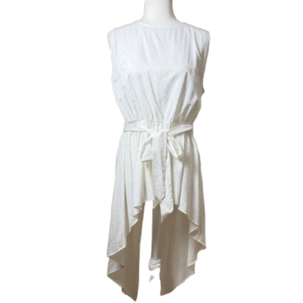 Sachin + Babi High Low Patterned Tunic Top w belt Size large White Pattern